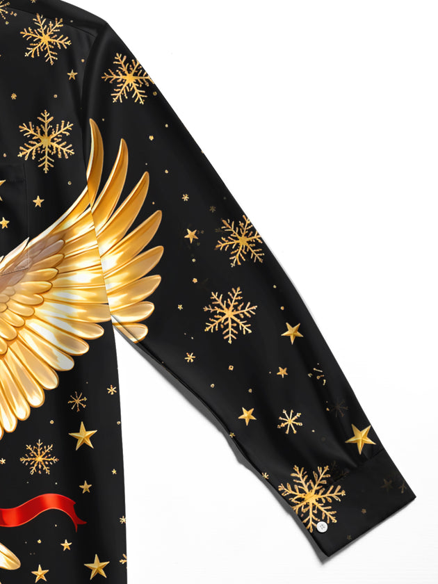 Adaychic Men's Christmas Golden Parrot With Red Ribbon Print Long Sleeve Shirt with Chest Pocket