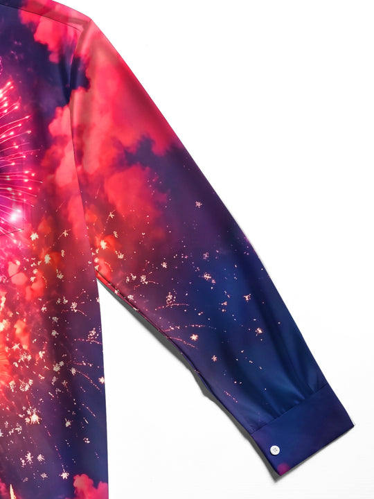 Adaychic Men's Printed Fireworks Display Print Long Sleeve Shirt with Chest Pocket