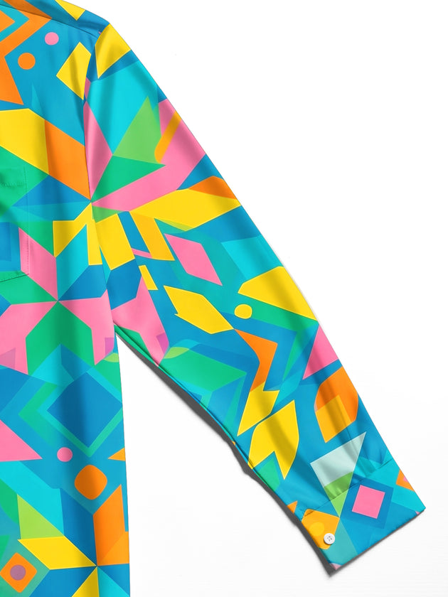 Adaychic Men's Printed Colorful Geometric Shapes Print Long Sleeve Shirt with Chest Pocket