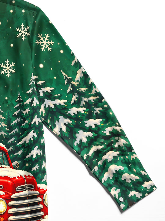 Adaychic Men's Long Sleeve Shirt - Vintage Red Truck With Christmas Tree And Gifts Print with Chest Pocket
