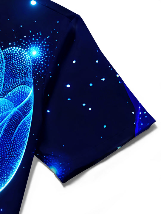 Adaychic Men's Printed Glowing Blue Lotus Print Short Sleeve Shirt with Chest Pocket