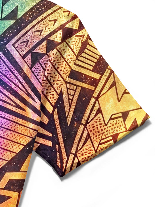 Adaychic Men's Hawaiian Tribal Geometric Pattern Short Sleeve Shirt with Chest Pocket