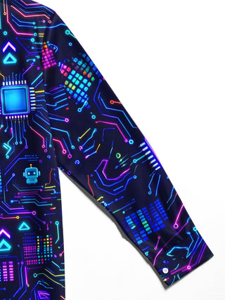 Adaychic Men's Retro Neon Circuit Board And Robot Icons Print Long Sleeve Shirt with Chest Pocket