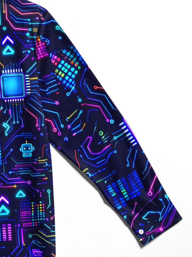 Adaychic Men's Retro Neon Circuit Board And Robot Icons Print Long Sleeve Shirt with Chest Pocket