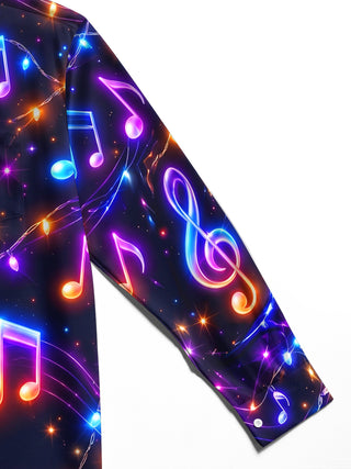 Adaychic Men's Graphic Music Notes And Treble Clefs Print Long Sleeve Shirt with Chest Pocket
