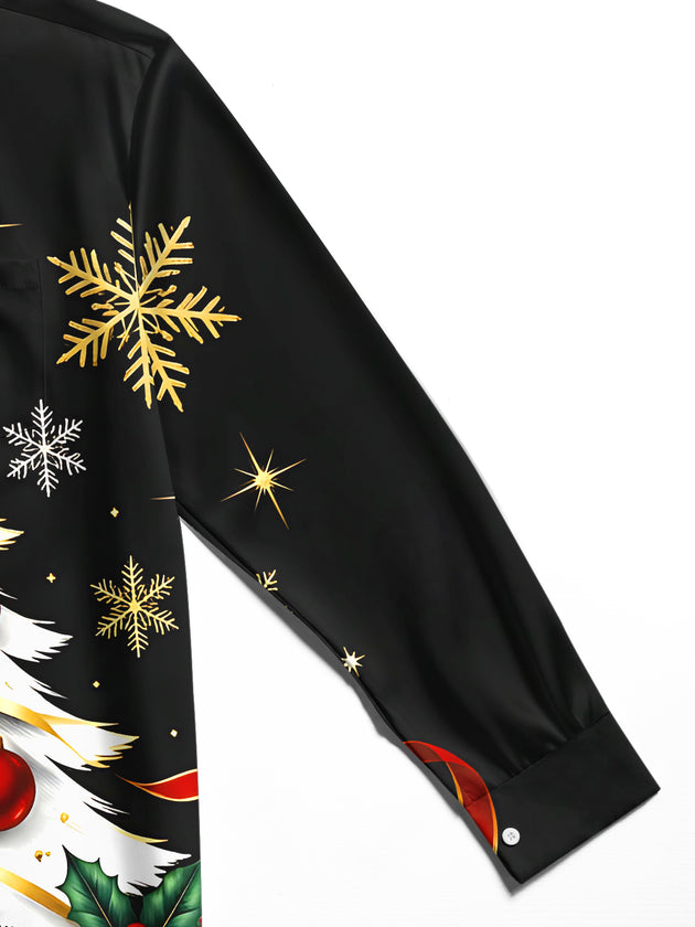 Adaychic Men's Christmas Tree With Ornaments And Holly Print Long Sleeve Shirt with Chest Pocket