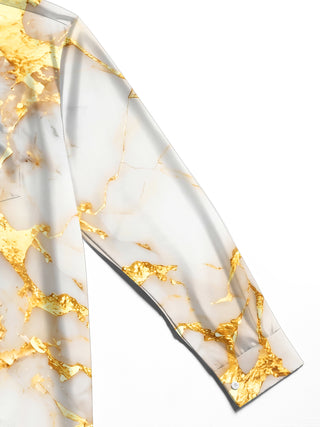 Adaychic Men's Printed White And Gold Marble Texture Print Long Sleeve Shirt with Chest Pocket