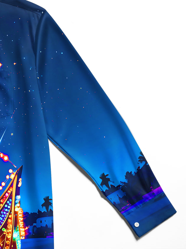 Adaychic Men's Graphic Glowing Ship Print Long Sleeve Shirt with Chest Pocket