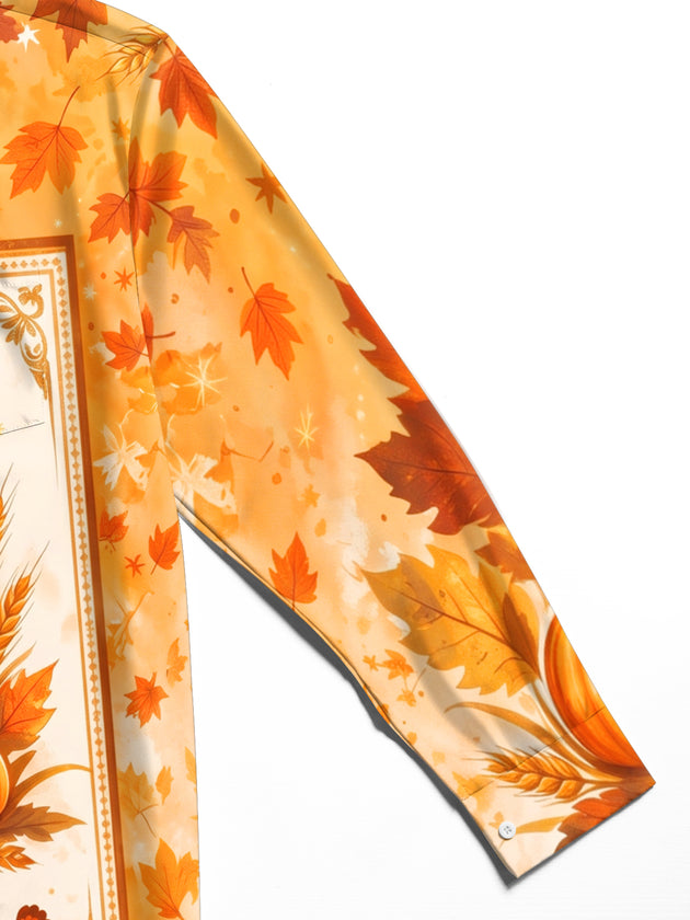 Adaychic Men's Long Sleeve Shirt - Thanksgiving Pumpkins Turkeys And Autumn Leaves Print with Chest Pocket