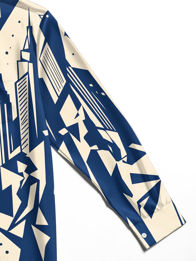 Adaychic Men's Printed Geometric City Skyline Print Long Sleeve Shirt with Chest Pocket