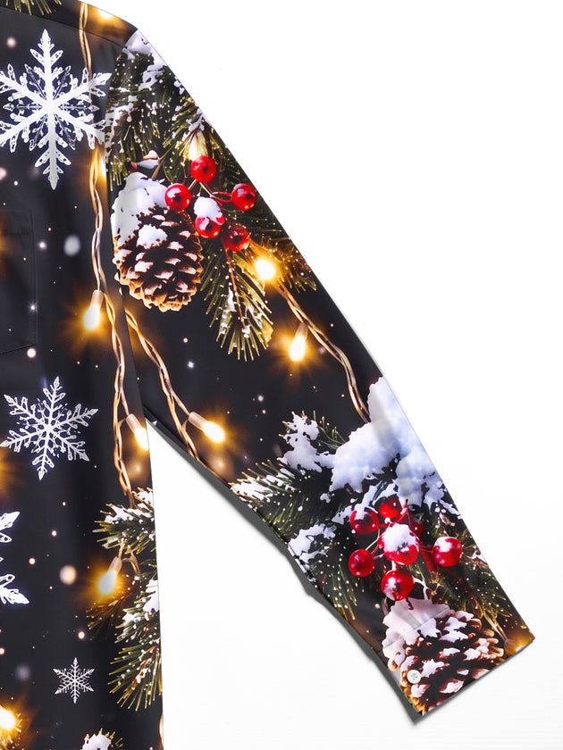 Adaychic Men's Long Sleeve Shirt - Christmas Snowflakes Pine Cones And Fairy Lights Print with Chest Pocket