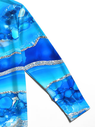 Adaychic Men's Printed Blue Agate Stone Pattern Long Sleeve Shirt with Chest Pocket