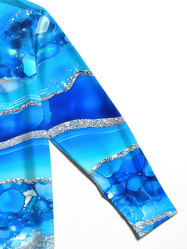 Adaychic Men's Printed Blue Agate Stone Pattern Long Sleeve Shirt with Chest Pocket