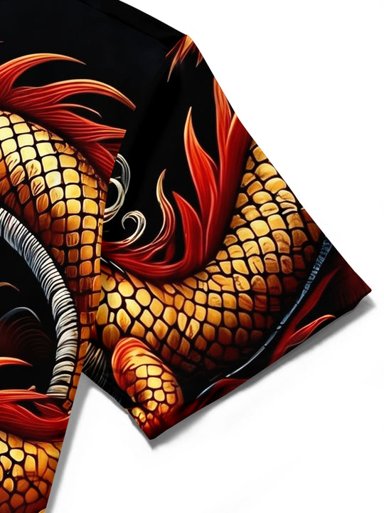 Adaychic Men's Hawaiian Chinese Dragon Print Short Sleeve Shirt with Chest Pocket