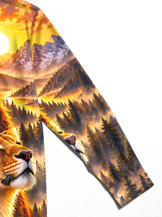 Adaychic Men's Graphic Lion Portrait Print Long Sleeve Shirt with Chest Pocket