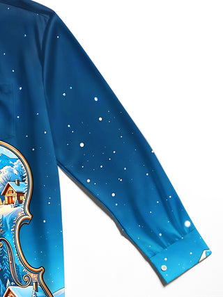 Adaychic Men's Graphic Violin Winter Snowscape Print Long Sleeve Shirt with Chest Pocket