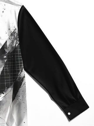 Adaychic Men's Long Sleeve Shirt - Abstract Black And White Ink Splatter With Geometric Grid Print with Chest Pocket