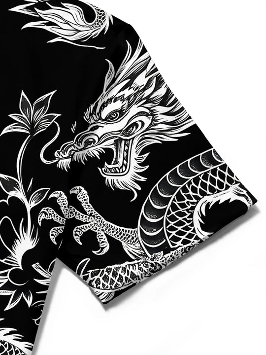 Adaychic Men's Hawaiian Chinese Dragon Print Short Sleeve Shirt with Chest Pocket
