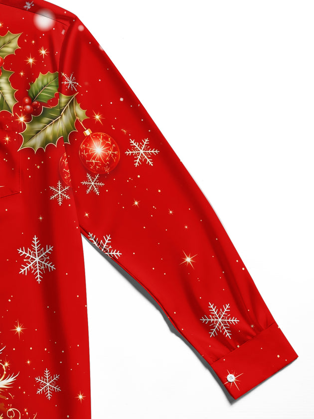 Adaychic Men's Printed Christmas Tree Print Snowflakes Print Long Sleeve Shirt with Chest Pocket