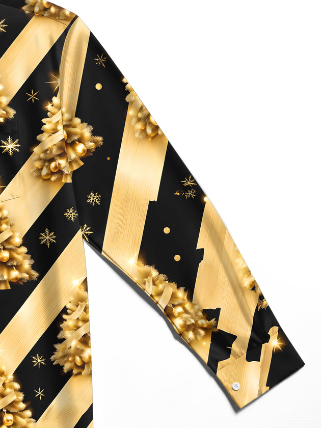 Adaychic Men's Long Sleeve Shirt - Gold Christmas Trees With Ornaments And Snowflakes Print with Chest Pocket