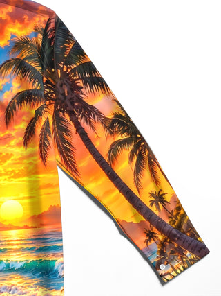 Adaychic Men's Long Sleeve Stand Collar Shirt - Cowboy On Horseback At Beach Sunset Print