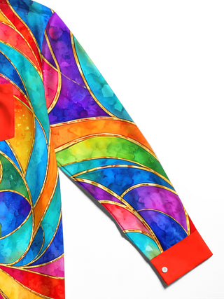 Adaychic Men's Long Sleeve Shirt - Abstract Swirling Rainbow Patterns With Gold Lines Print with Chest Pocket