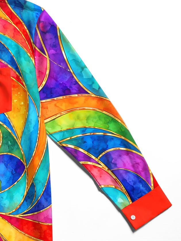 Adaychic Men's Long Sleeve Shirt - Abstract Swirling Rainbow Patterns With Gold Lines Print with Chest Pocket