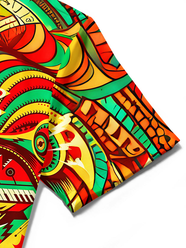 Adaychic Men's Graphic Tribal Totem Face Print Short Sleeve Shirt with Chest Pocket