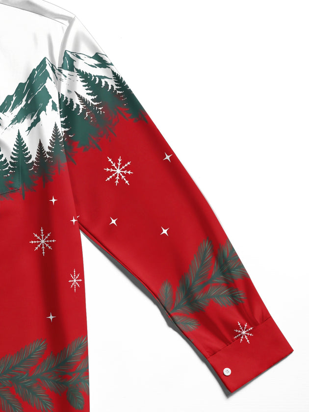 Adaychic Men's Printed Snowy Mountains And Pine Forest Print Long Sleeve Shirt with Chest Pocket