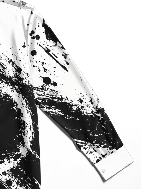 Adaychic Men's Abstract Black And White Ink Splatter Print Long Sleeve Shirt with Chest Pocket