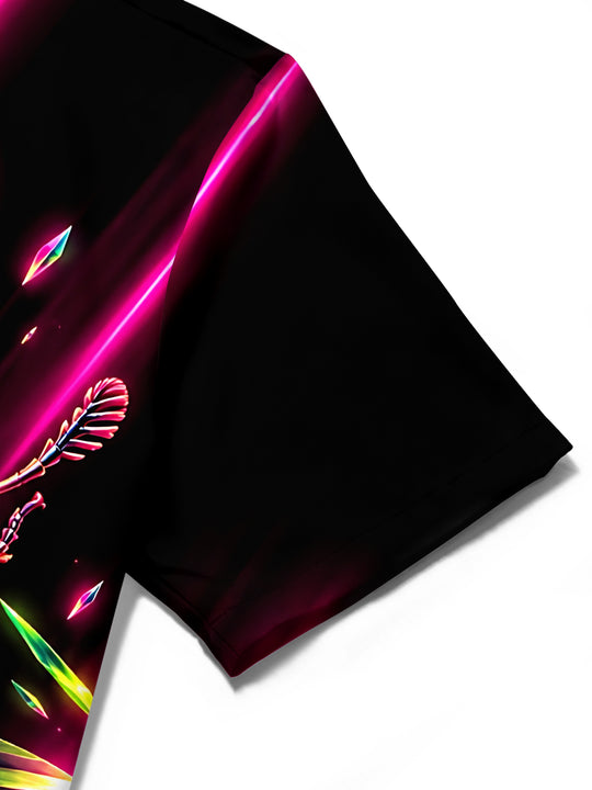 Adaychic Men's Neon Stag Beetle And Tropical Leaves Print Short Sleeve Shirt with Chest Pocket