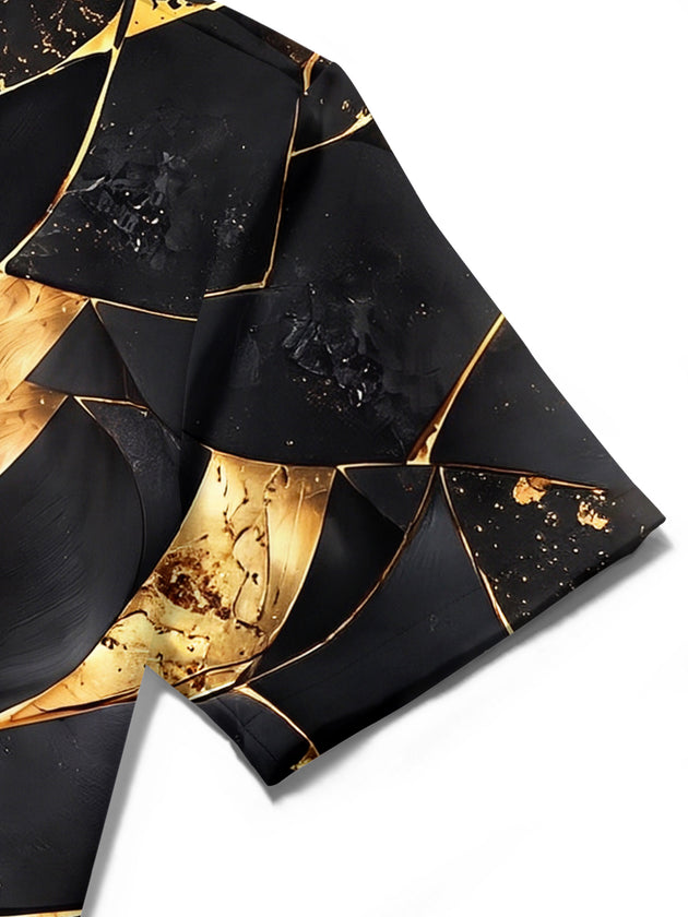 Adaychic Men's Short Sleeve Shirt - Abstract Geometric Swirl With Gold And Black Textures Print with Chest Pocket