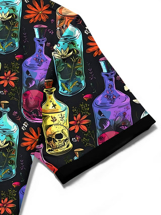 Adaychic Men's Hawaiian Skull Bottles Print Floral Pattern Short Sleeve Shirt with Chest Pocket