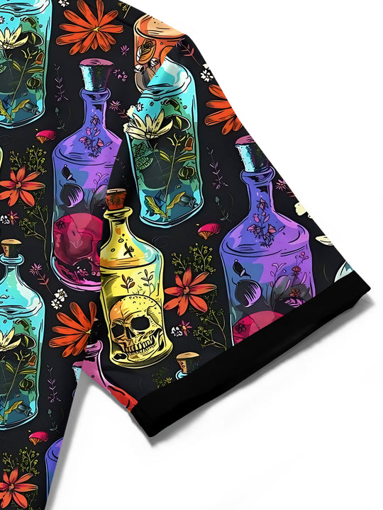 Adaychic Men's Hawaiian Skull Bottles Print Floral Pattern Short Sleeve Shirt with Chest Pocket