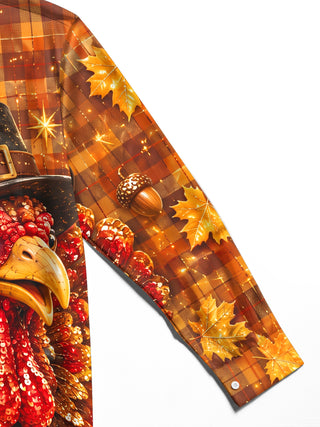 Adaychic Men's Thanksgiving Turkey With Pilgrim Hat Print Long Sleeve Shirt with Chest Pocket