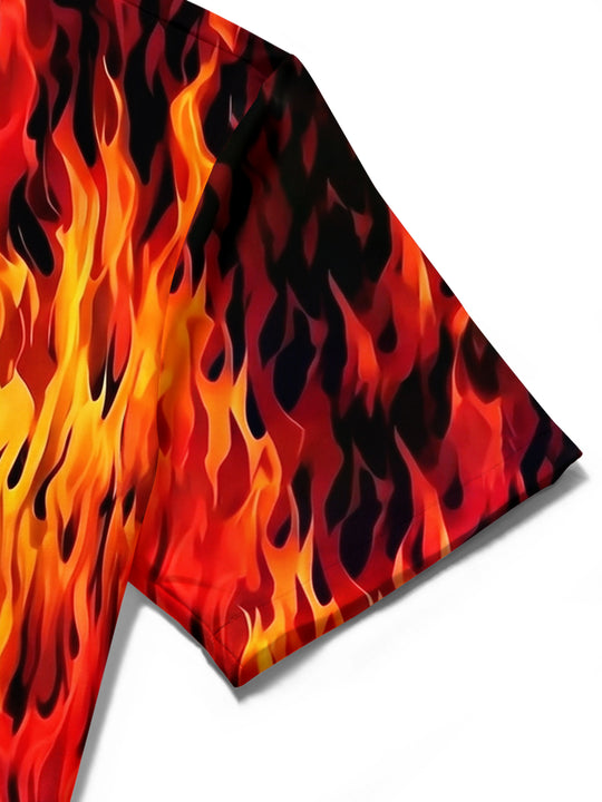 Adaychic Men's Hawaiian Fire Pattern Flames Print Short Sleeve Shirt with Chest Pocket