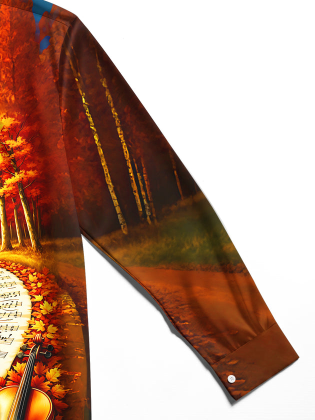 Adaychic Men's Hawaiian Violin Print Autumn Print Long Sleeve Shirt with Chest Pocket