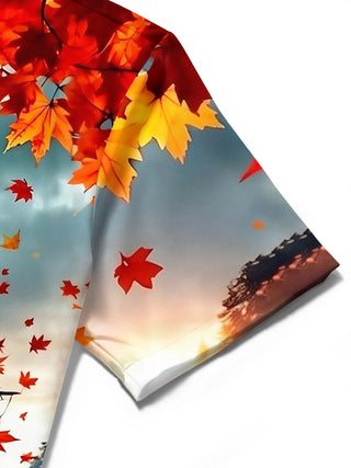 Adaychic Men's Hawaiian Autumn Maple Leaves Print Short Sleeve Shirt with Chest Pocket