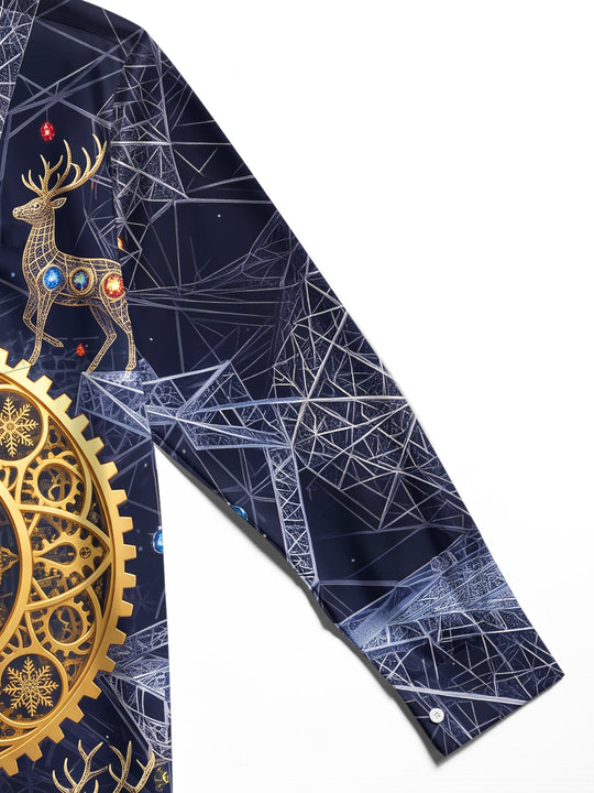 Adaychic Men's Long Sleeve Shirt - Geometric Reindeer And Christmas Ornaments Print with Chest Pocket