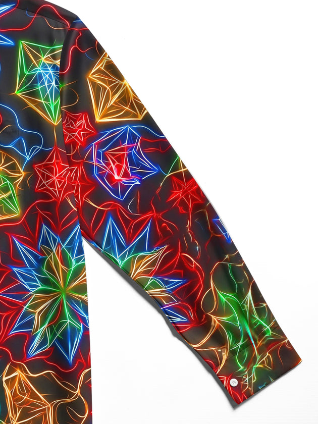 Adaychic Men's Patterned Neon Geometric Snowflakes Print Long Sleeve Shirt with Chest Pocket