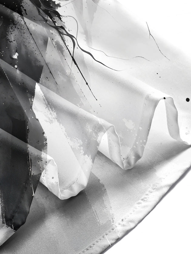 Adaychic Men's Long Sleeve Shirt - Abstract Black And White Ink Splatter With Geometric Grid Print with Chest Pocket