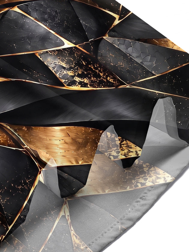 Adaychic Men's Short Sleeve Shirt - Abstract Geometric Swirl With Gold And Black Textures Print with Chest Pocket