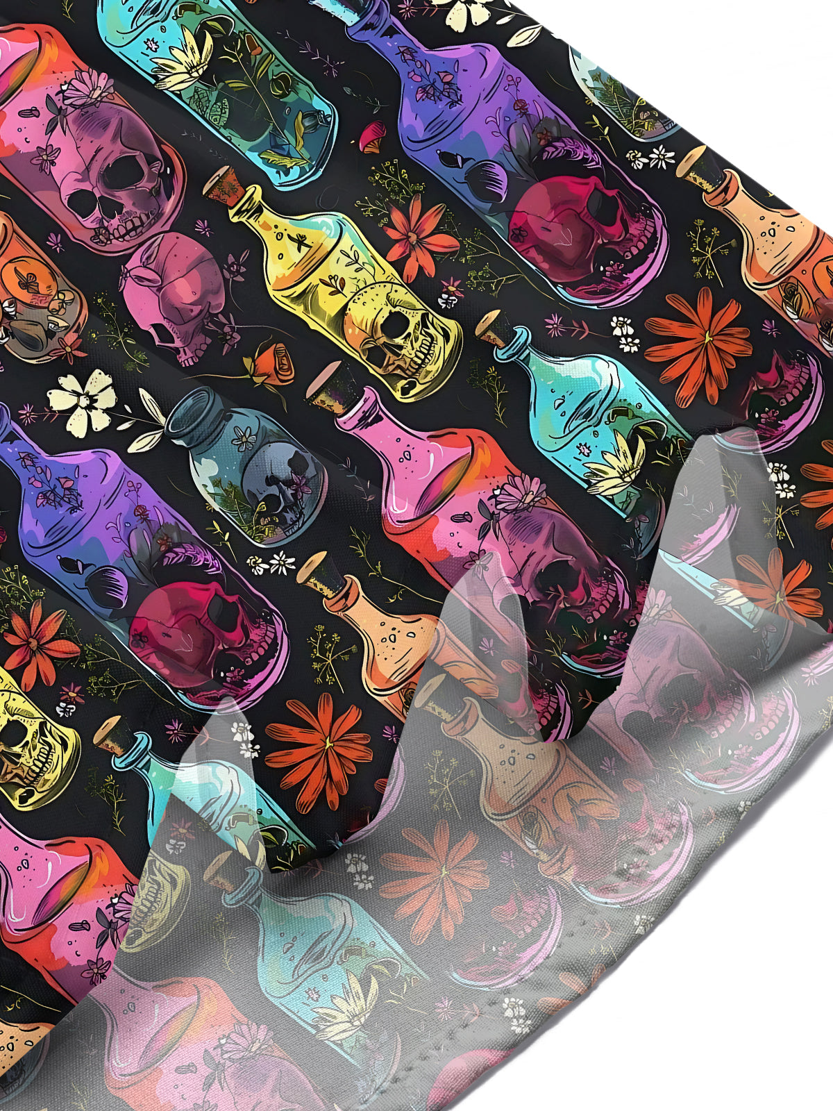 Adaychic Men's Hawaiian Skull Bottles Print Floral Pattern Short Sleeve Shirt with Chest Pocket