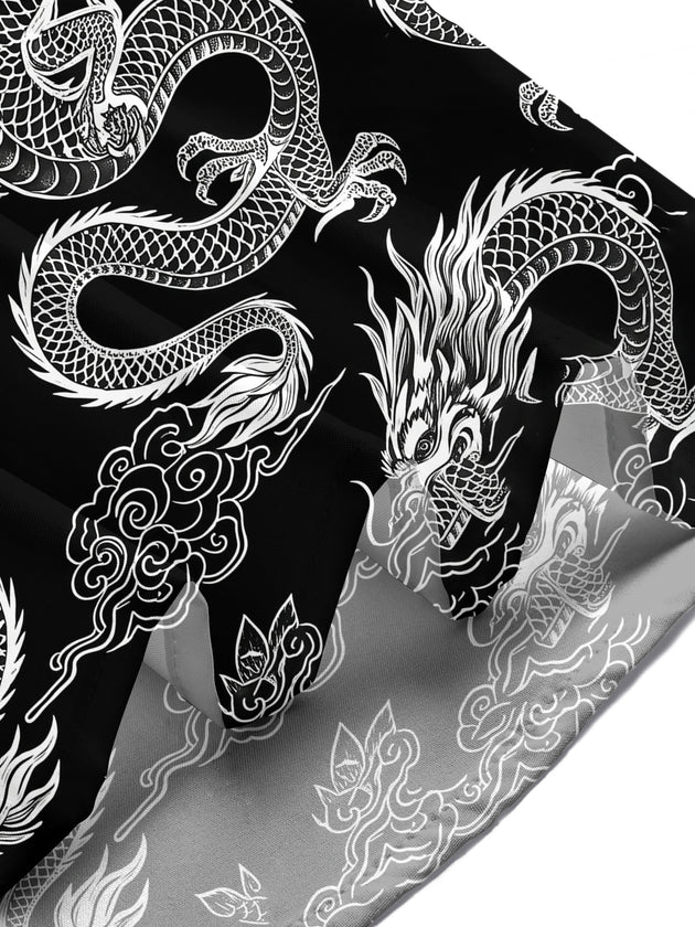 Adaychic Men's Hawaiian Chinese Dragon Print Short Sleeve Shirt with Chest Pocket