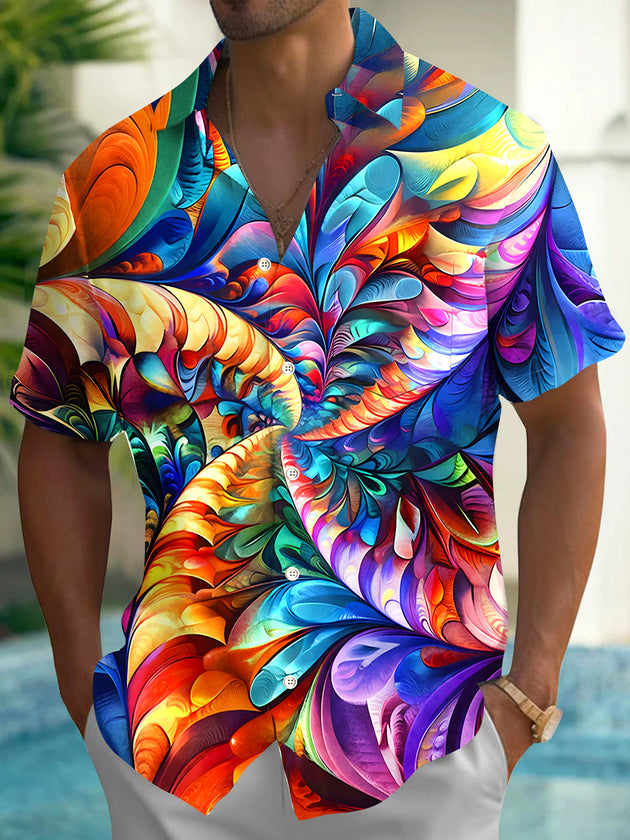 Men's abstract print short sleeve shirt front view for tropical beach vacation