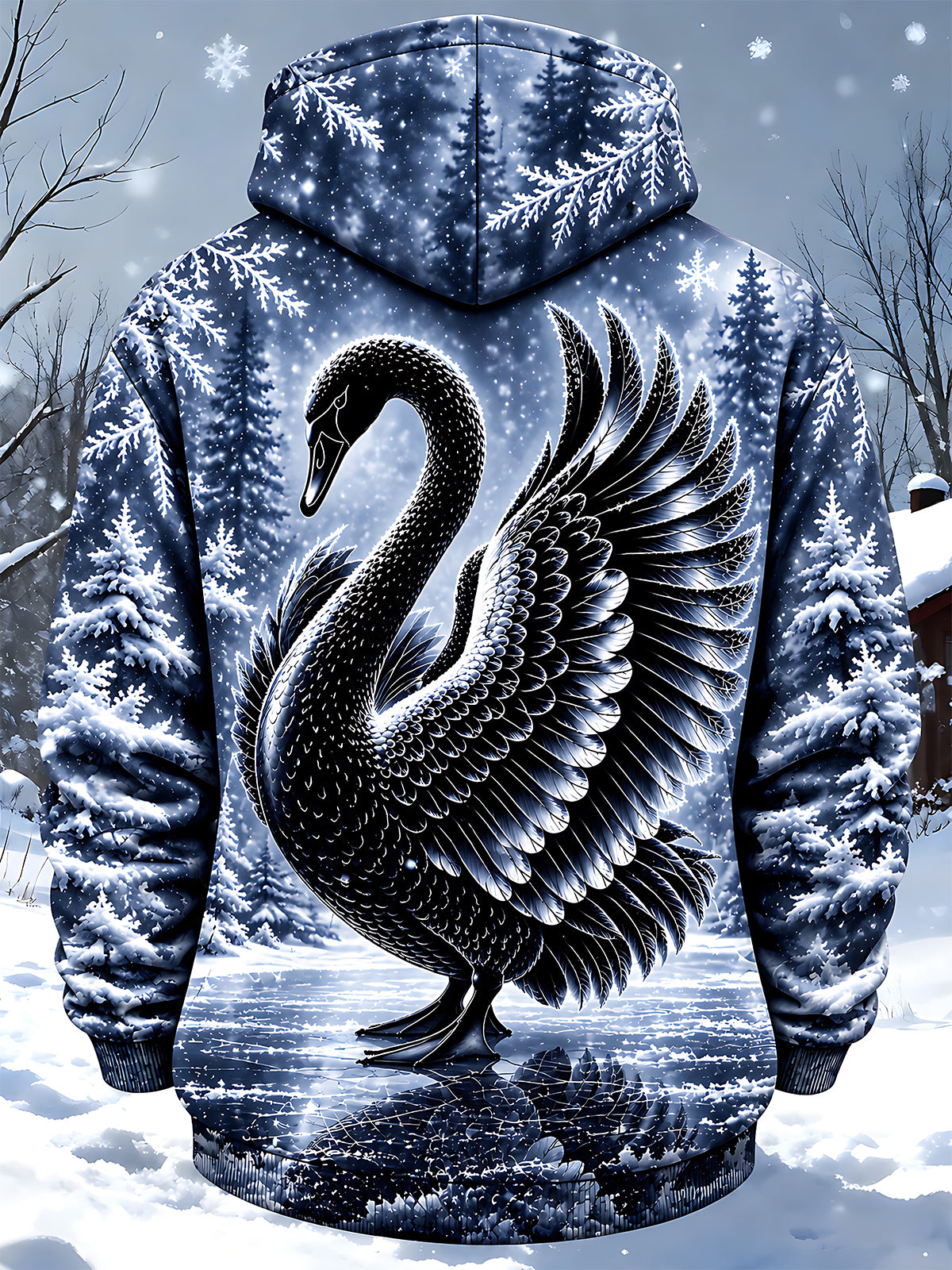 Adaychic Men's Graphic Black Swan Print Long Sleeve Hoodie