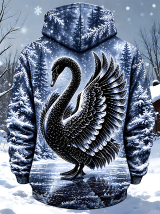 Adaychic Men's Graphic Black Swan Print Long Sleeve Hoodie