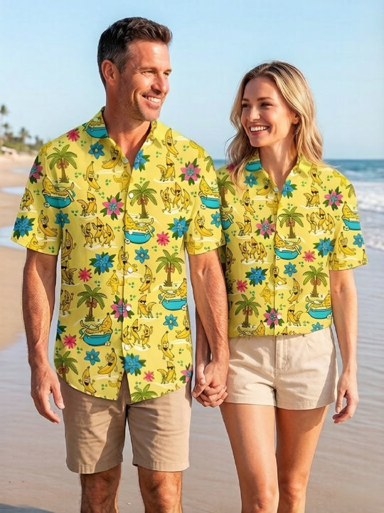 matching couples Hawaiian shirt front view tropical beach vacation