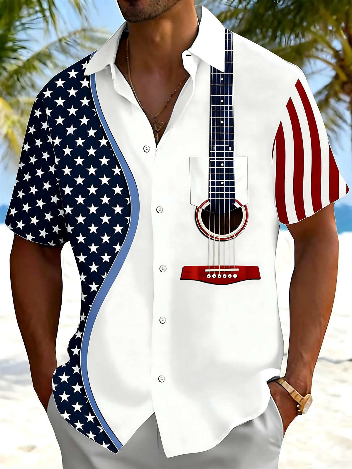 Men's American flag print short sleeve shirt front view for Independence Day