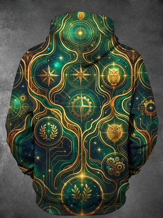 Adaychic Men's Owl And Star Map With Mechanical Gears Print Long Sleeve Hoodie